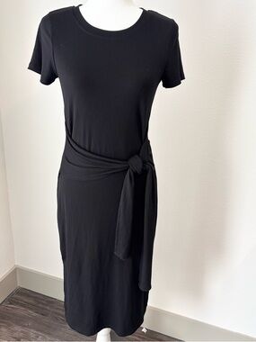 Rachel Zoe Black Ribbed Midi Dress XS Tie Waist Short Sleeve NWOT